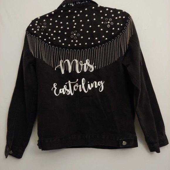 Denim Jacket Fully Studded Chain Fringe Mrs Easterling Black pockets Button down - Picture 6 of 16